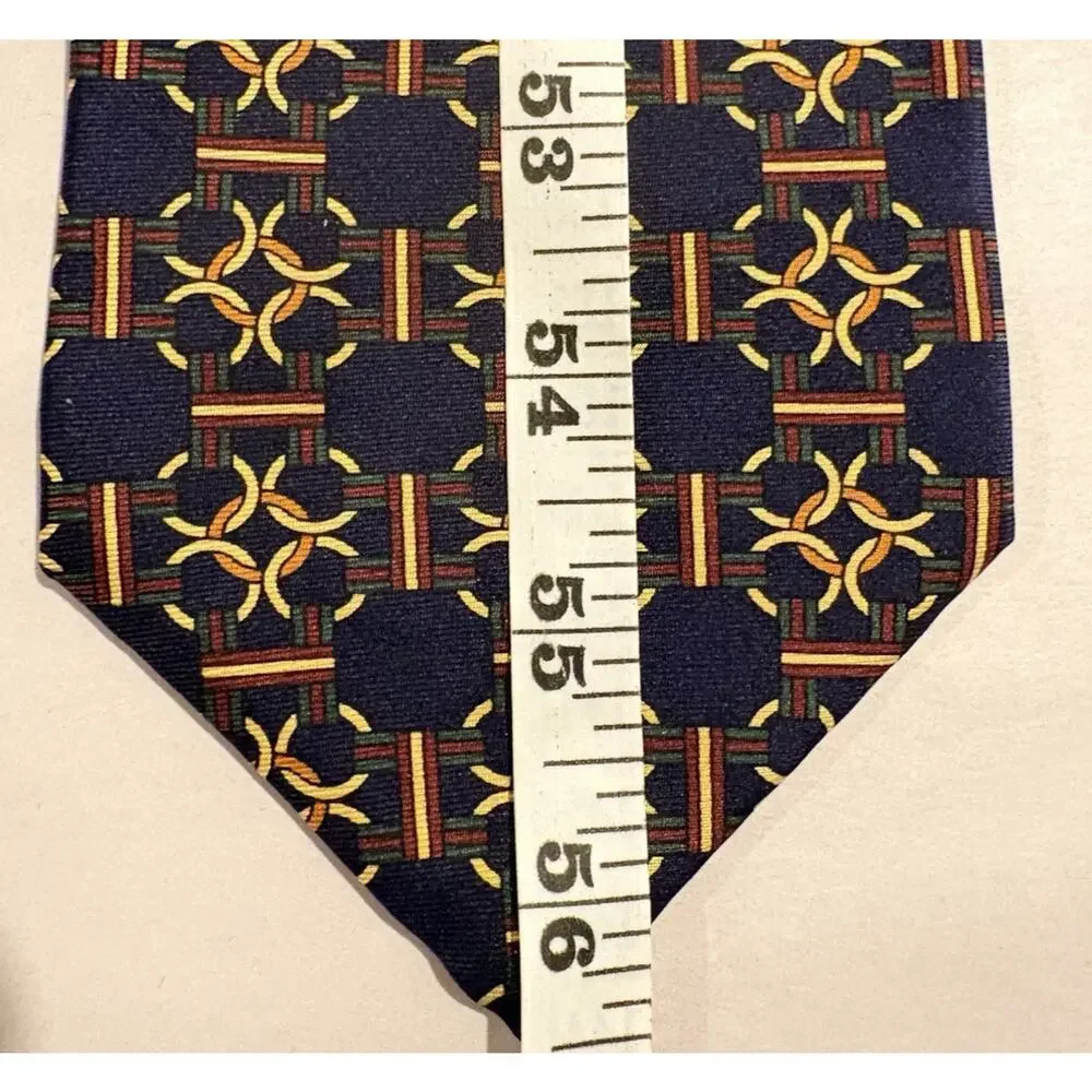 Ted Lapidus Silk Tie USA‎ Navy Blue Gold Yellow Burgundy Circle Chain 4